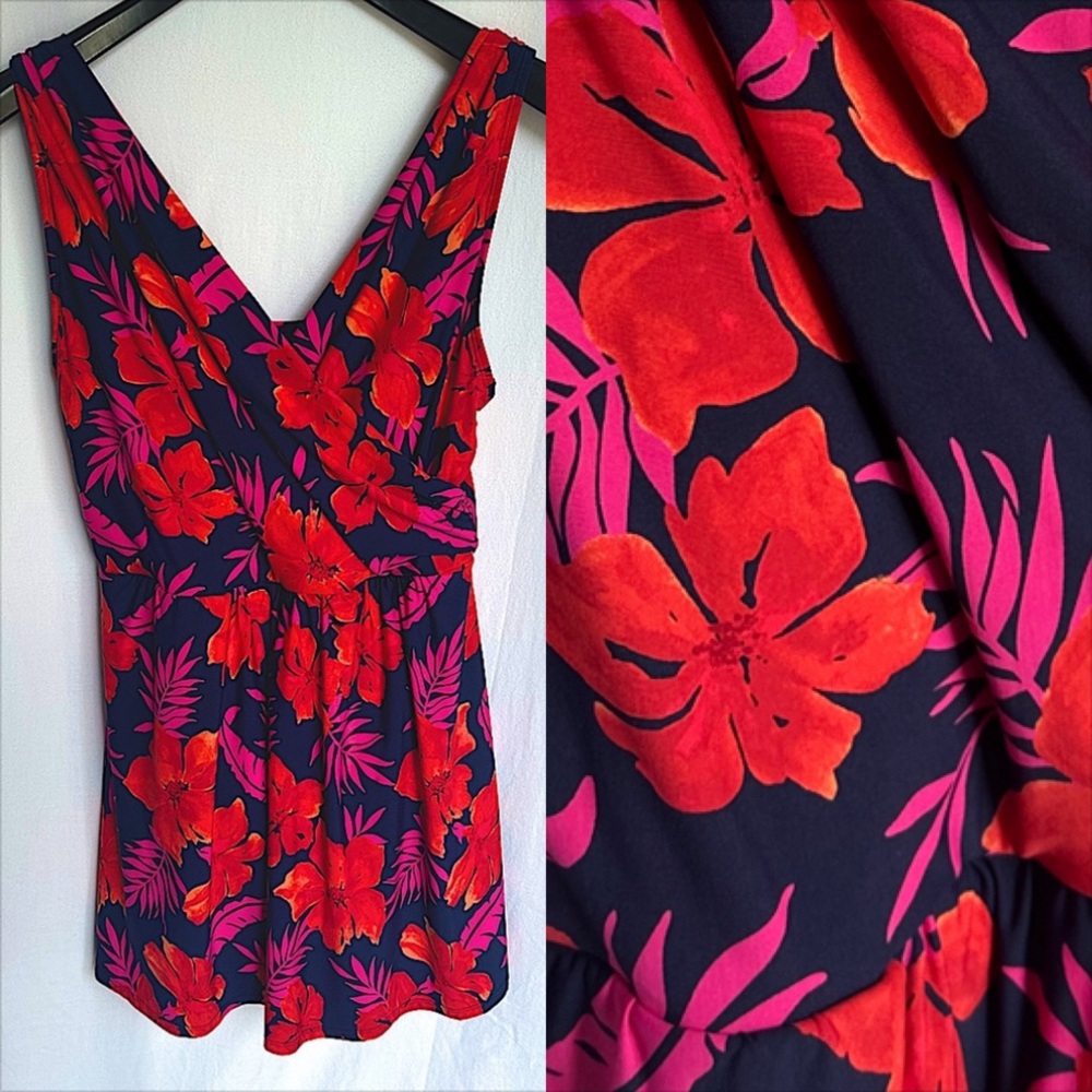 Lands' End Navy One-Piece Swimdress with Red & Fuchsia Floral Print